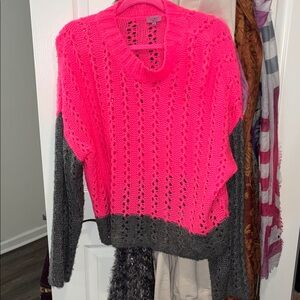 Francesca’s Open-Knit Neon Pink and Charcoal Colorblock Sweater